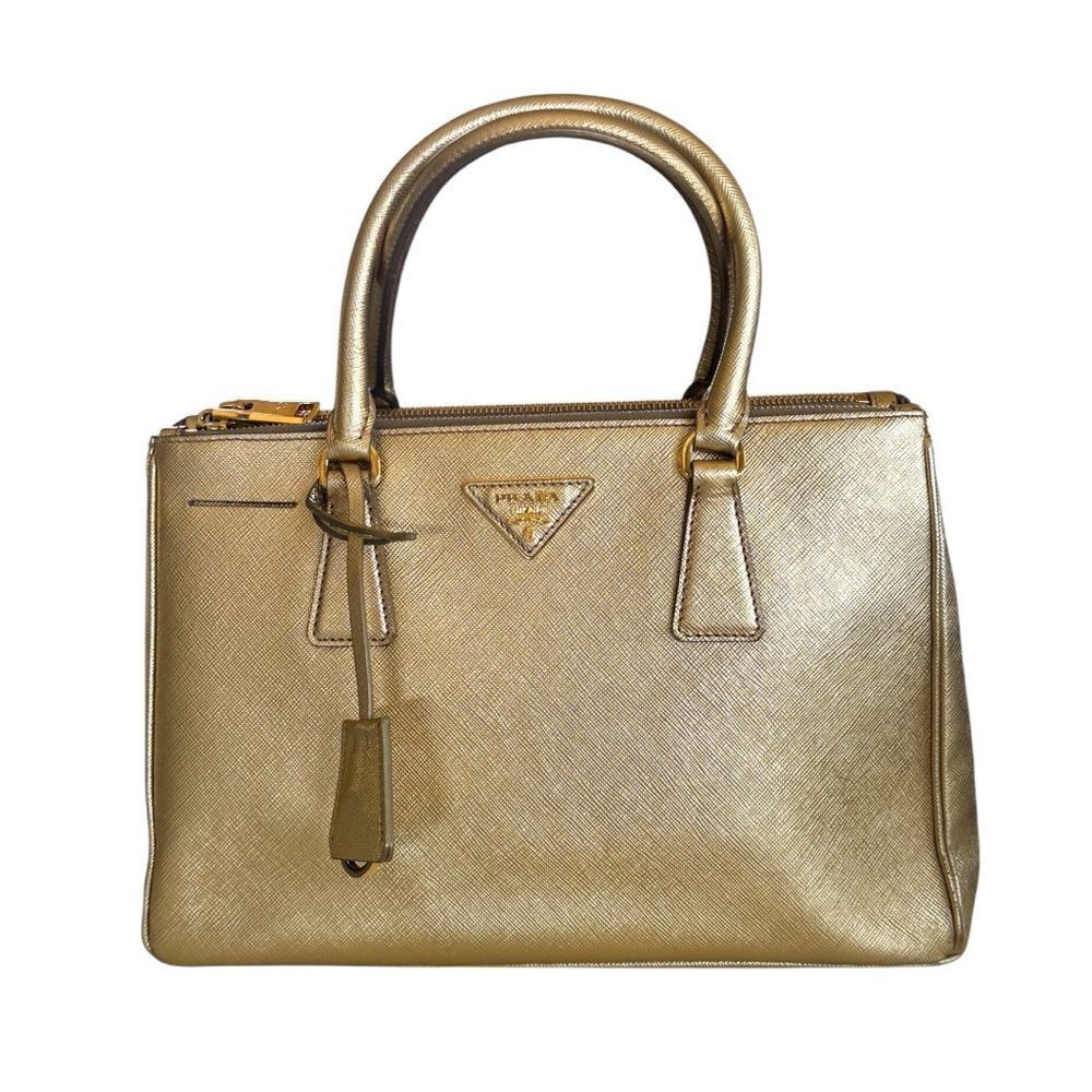 PRADA Metallic Gold Saffiano Leather Small Lux Galleria Double Zip 2way Tote Bag